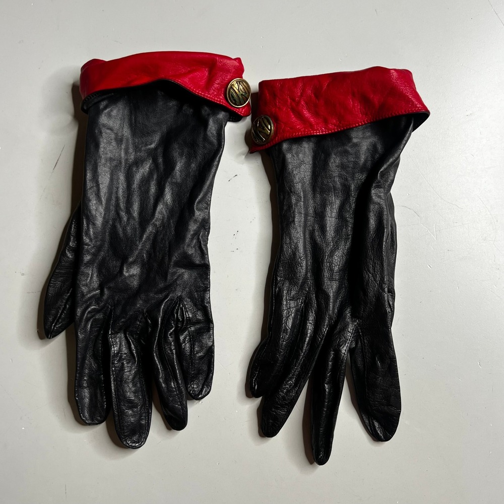Anne Klein II by Aris Vintage Black Leather Gloves Red Cuff Gold Logo Button